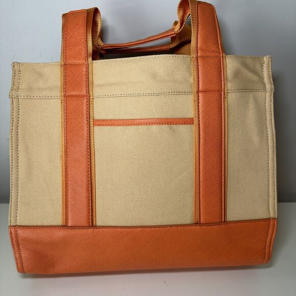 TORY BURCH Tote Bag Orange Leather Canvas Top Handle Limited Edition EUC Rare - Picture 8 of 9